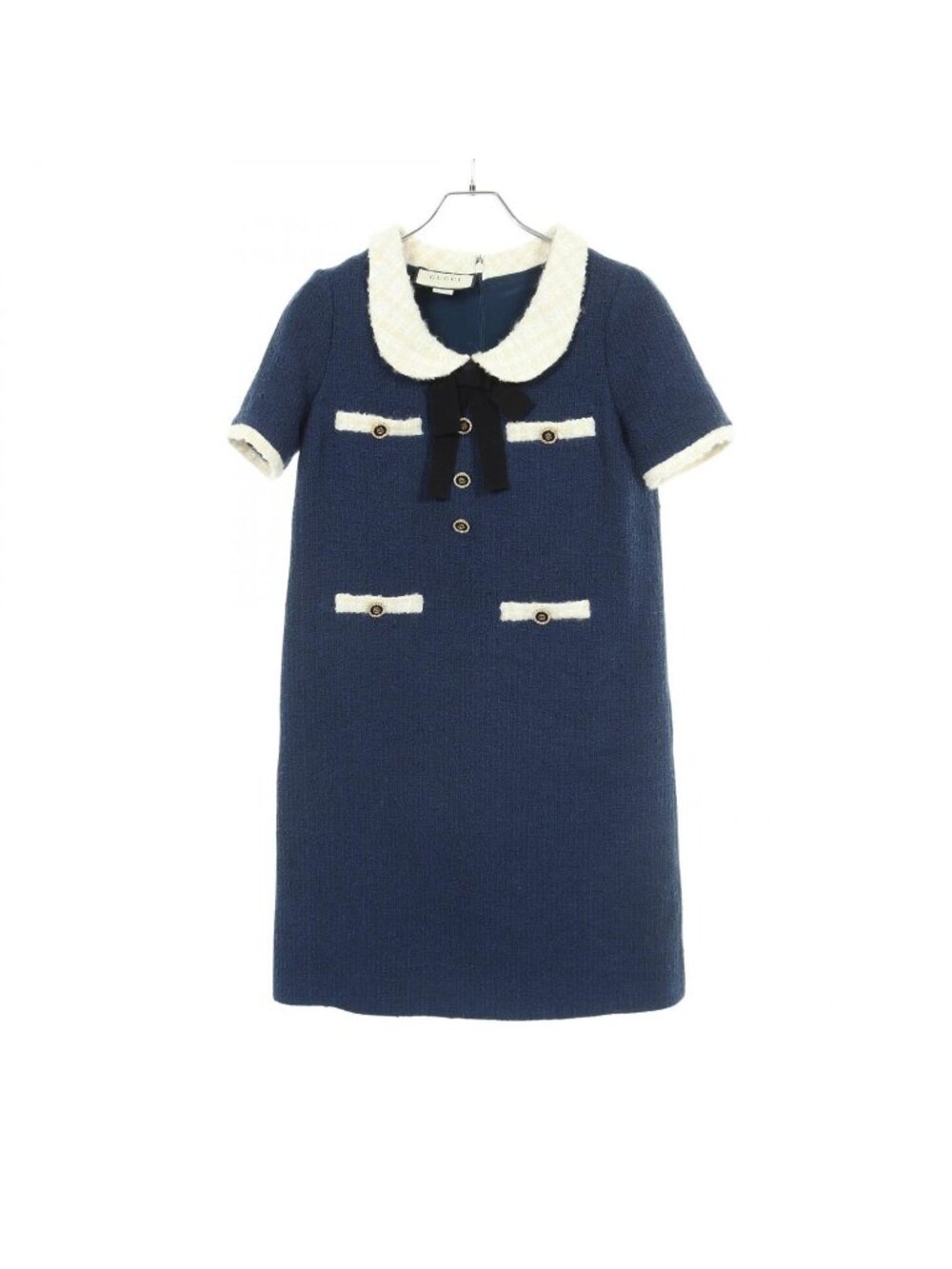 Gucci Dress Interlocking G Button Tweed Short Sleeve Cotton